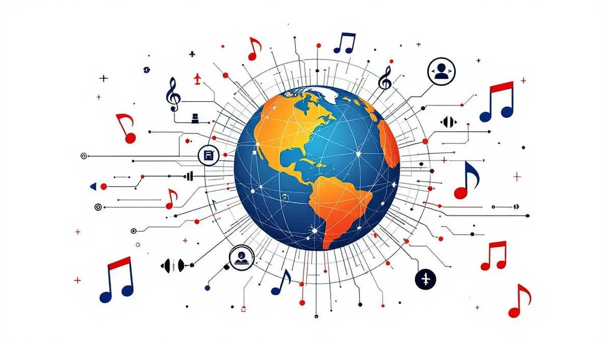 Digital globe with musical notes sound waves and data lines music tech globe
