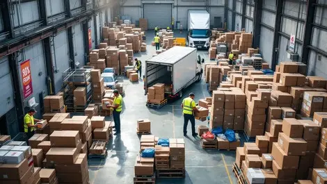 Busy uk warehouse black friday logistics packed rows boxes delivery trucks