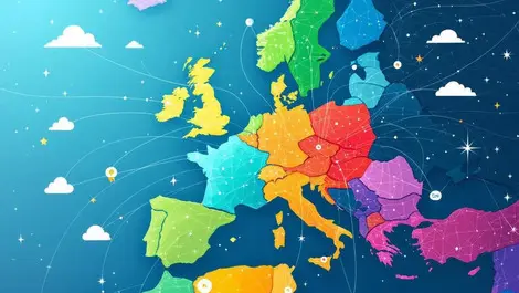 Colorful illustrated europe map spain highlighted connecting lines major countries