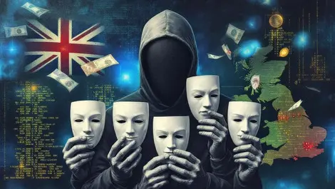 Faceless figure multiple masks uk map digital fraud identity theft