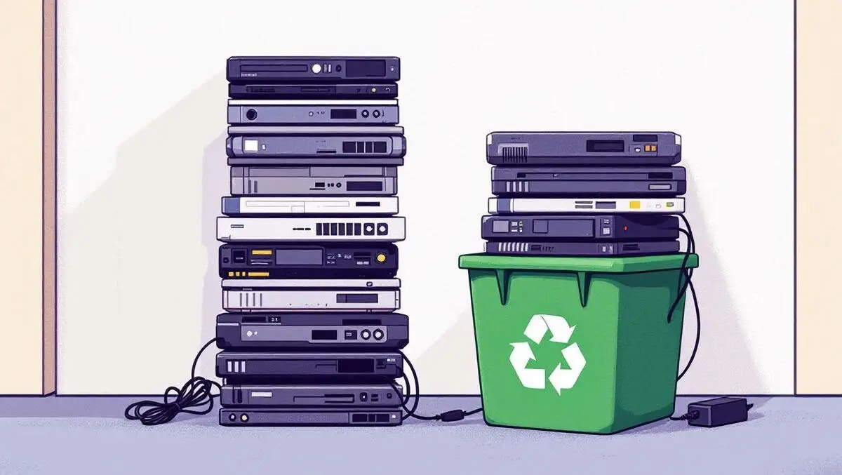 Stack old laptops next to green recycling bin cables chargers office illustration