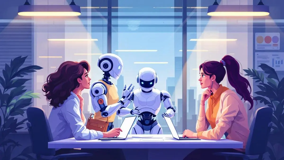 Illustration office workers interacting with robot teamwork problem solving