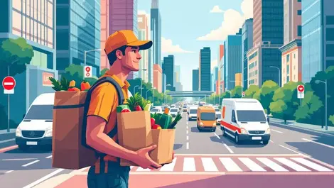 Delivery driver carrying grocery bags bustling cityscape apac urban challenge