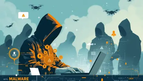Hooded figure laptop digital code malware icons shadowy figures drones cyber warfare