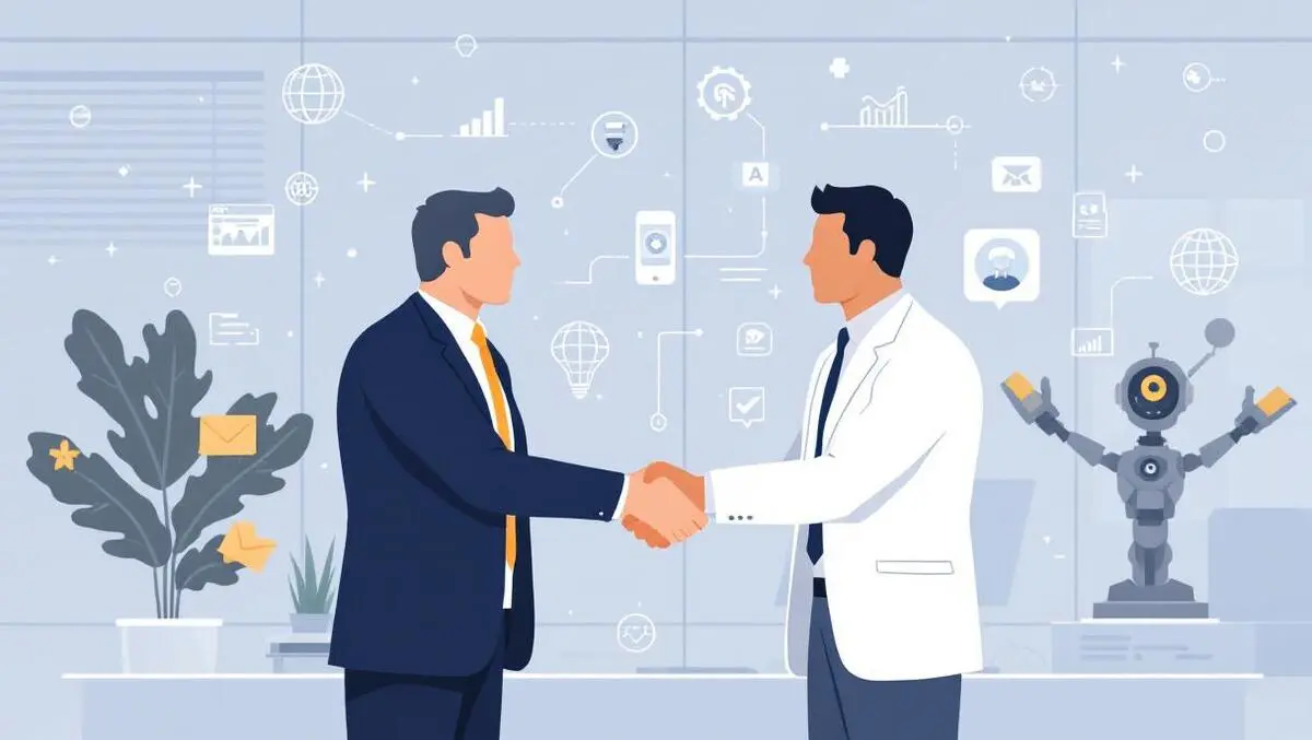 Professional office handshake businesspeople digital marketing ai network connections modern style