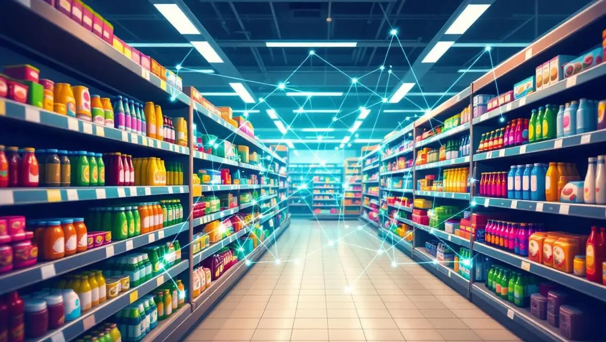 Grocery store aisle shelves stocked products digital network overlay ai retail media