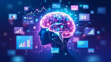 Human brain merging with digital charts and analytics ai advertising