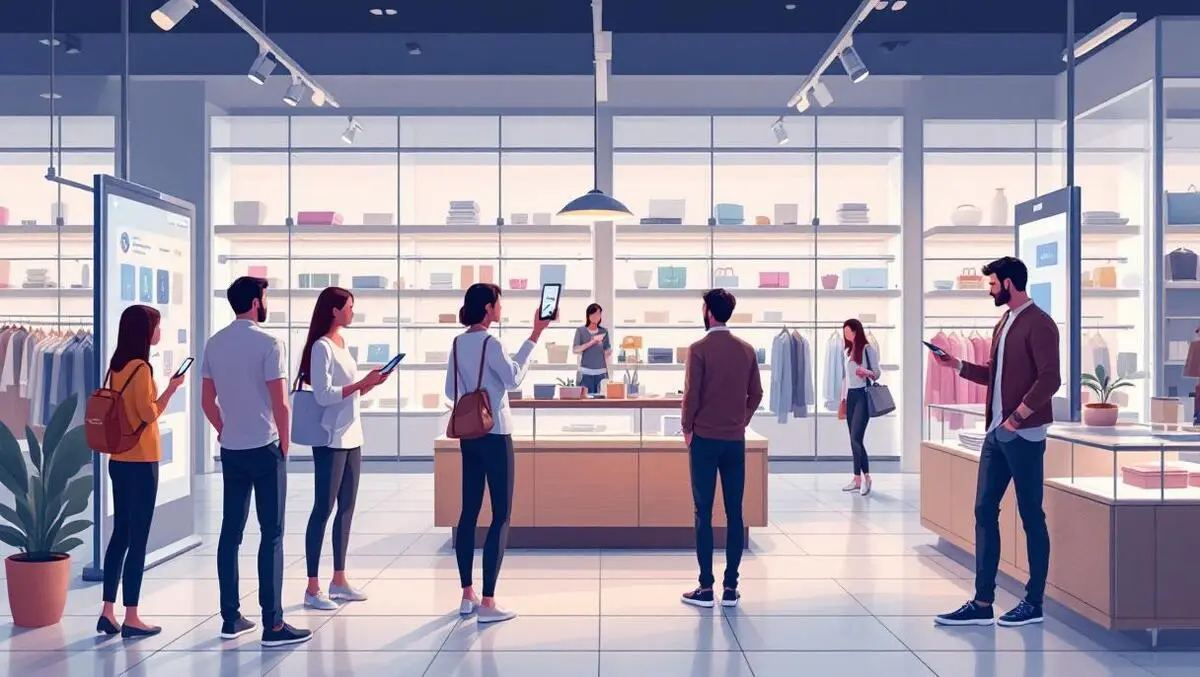 Modern uk retail store digital interfaces physical shopping touchscreens automated assistants