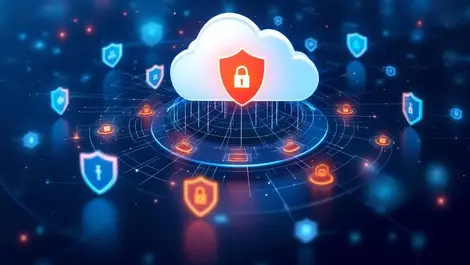 Secure cloud symbol with digital shields and security icons for cloud protection
