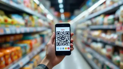 Uk supermarket aisle tesco packaging smartphone scanning qr code