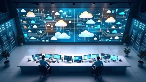 Modern datacenter control room multicloud monitoring dashboards