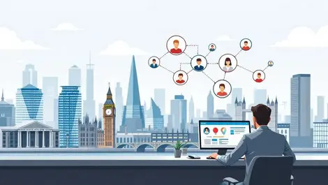 London skyline banker analyzing customer identity risk scene