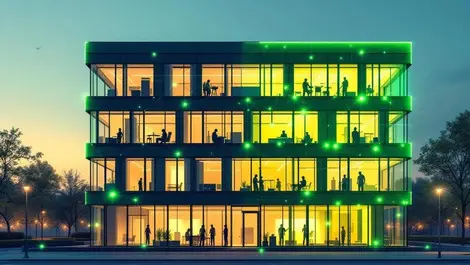 Modern french office green facade digital twins data flows dusk