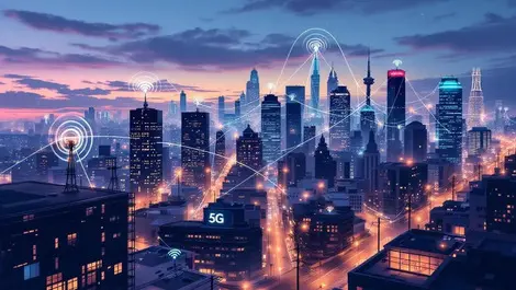 Smart city skyline dusk wifi7 5g infrastructure connectivity