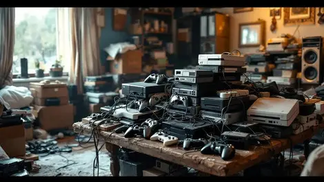 Cluttered british living room dusty retro and modern game consoles
