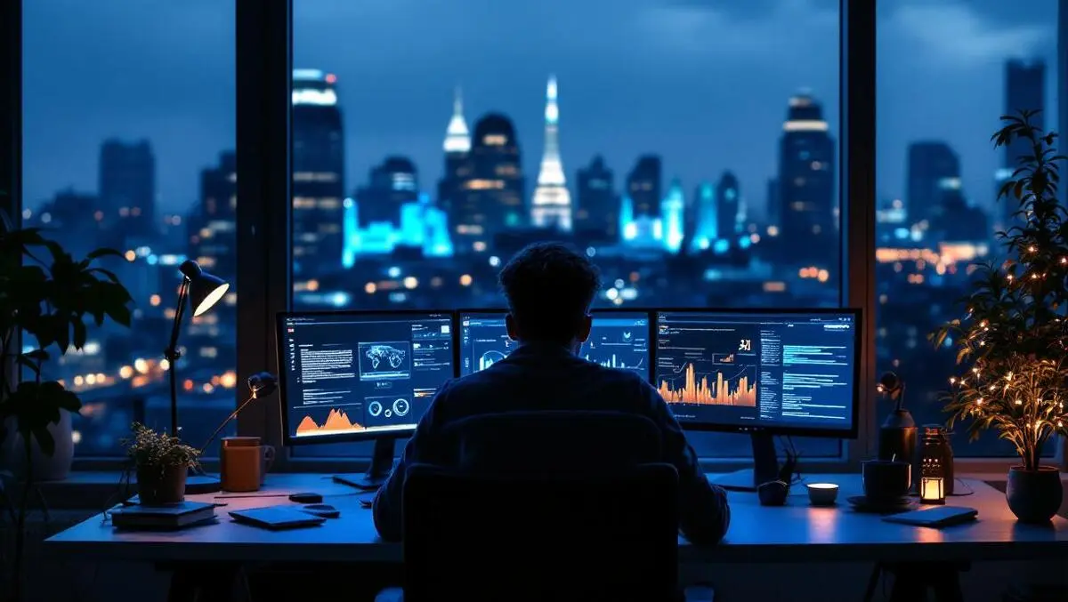 Young uk entrepreneur night home office ai data london skyline