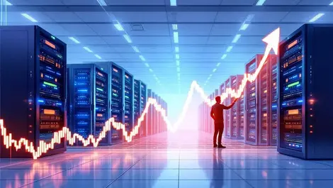 Modern data center cables removed clean racks rising stock chart