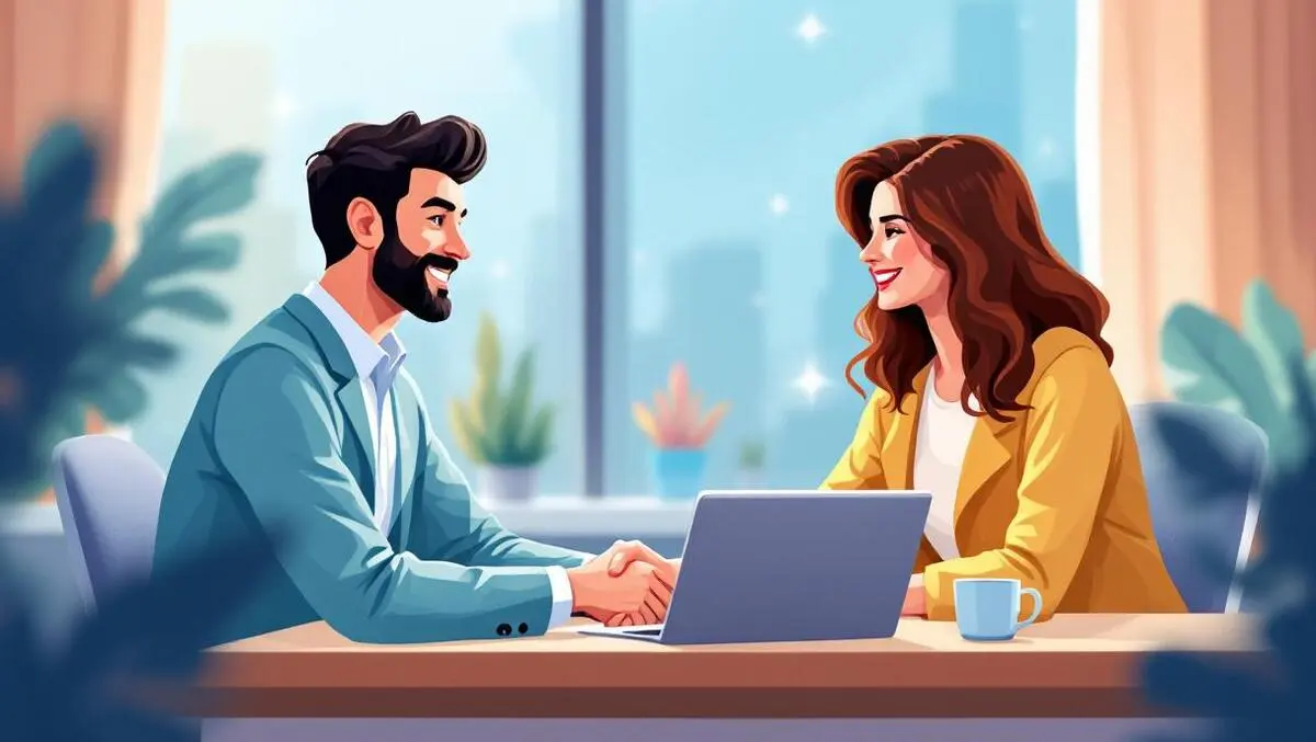 Mortgage broker client handshake modern pastel digital office