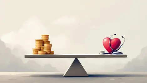 Uk map balancing scale pound coins vs heart stethoscope painting