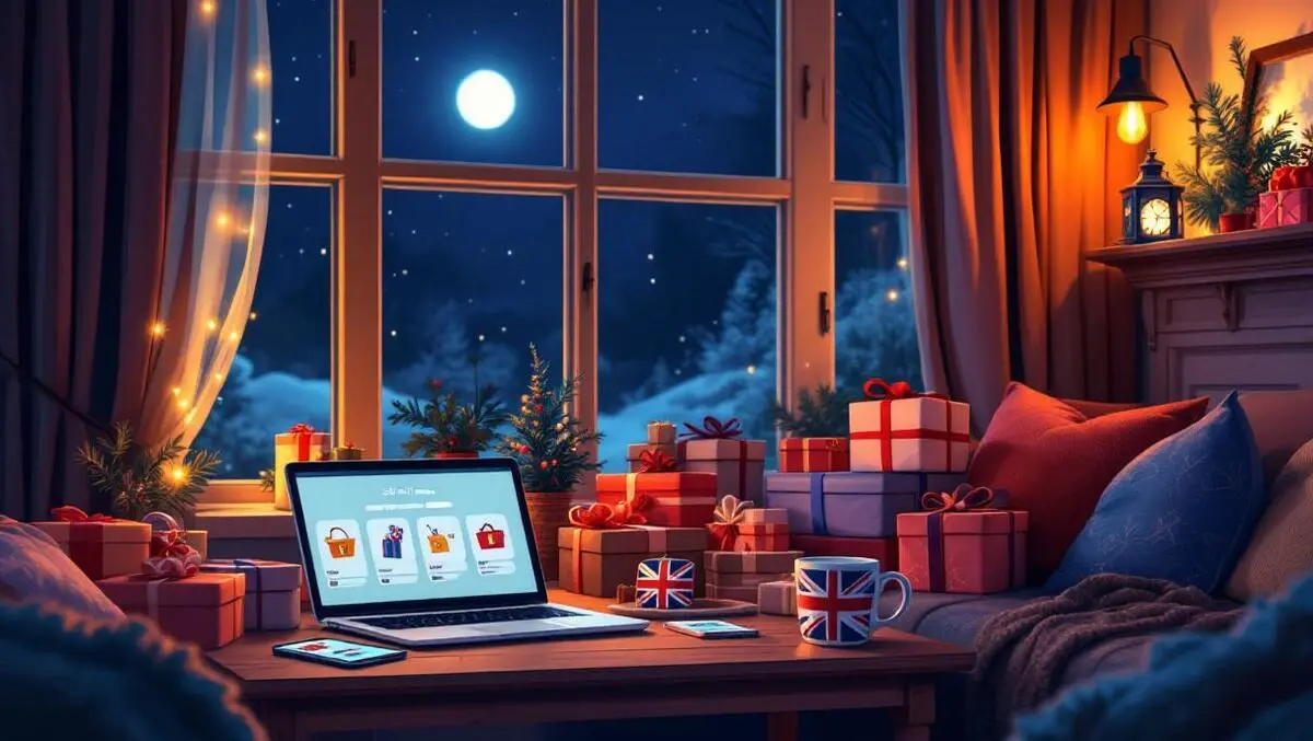Cozy british christmas living room online gift shopping scene