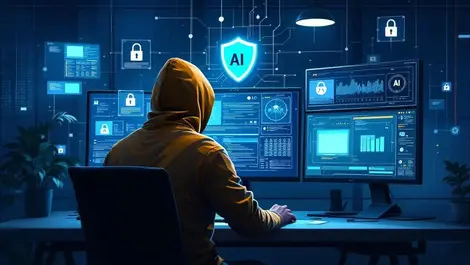 Ethical hacker testing ai interface with shields in soc room