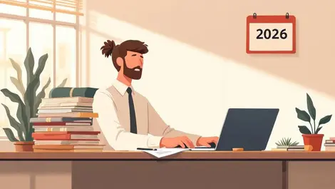 Accountant replacing paper ledgers with modern laptop in 2026 office