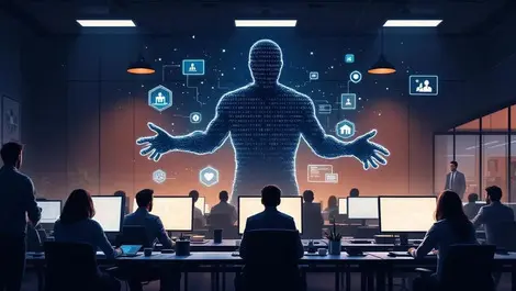 Moody office ai shadow binary figure overseeing data security