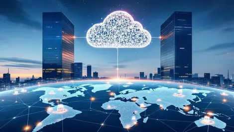 Cloud linked glass towers over global industrial health network