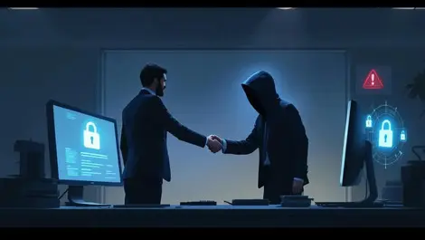 Dimly lit office worker shakes hands with shadowy hacker monitor