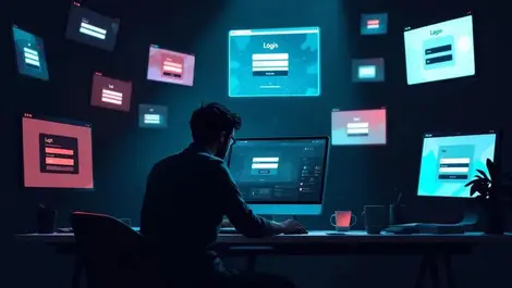 Moody user at desk surrounded by phishing login screens monitors