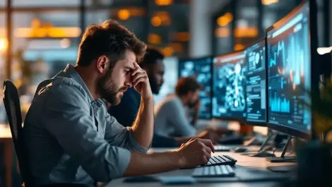 Exhausted tech workers modern anz office multiple monitors data