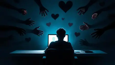 Ai romance scam dark room laptop shadows reaching for wallet heart