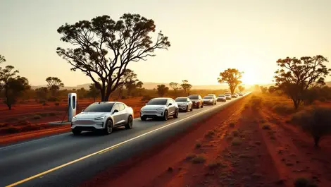 Australian outback highway electric utes suvs charging sunset