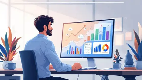 Small business owner studying colorful financial dashboards cloud analytics