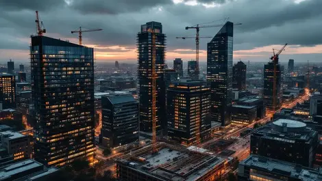 Manchester business district dusk paused construction uncertain sky