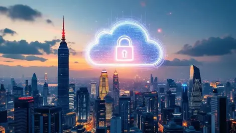 Apac city skyline dusk shield cloud digital locks ai security