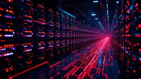 Dark server room ai cyber attack red network path spreading