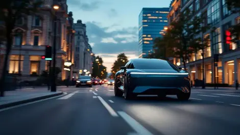 Autonomous car london dusk street modern glass office scene