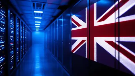 Modern uk data center gpu racks blue lighting secure cloud