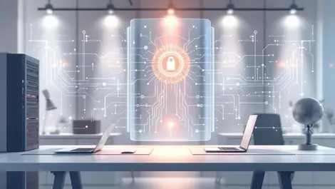 Modern office home desk zero trust ai network shield illustration