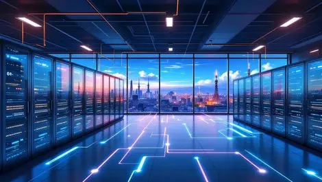Spanish telecom datacenter racks glowing cables 5g cityscape