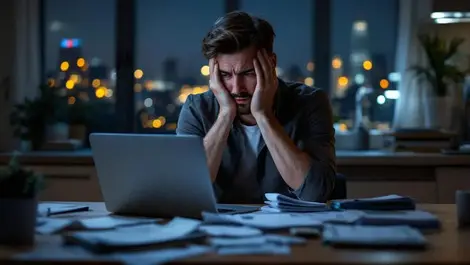 Worried uk office worker london flat night unpaid bills payslip