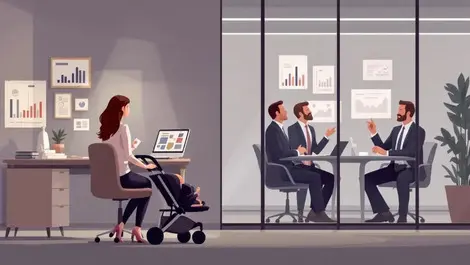 Modern uk office mother with stroller vs boardroom men pay gap