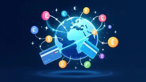 Global multi currency funding globe arrows colorful fintech art