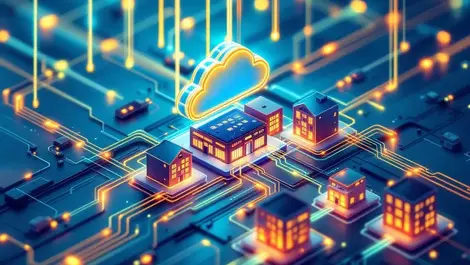 Isometric server room fiber hub to offices ultrafast cloud net