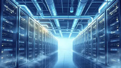 Modern data centre server racks exposed liquid cooling pipes