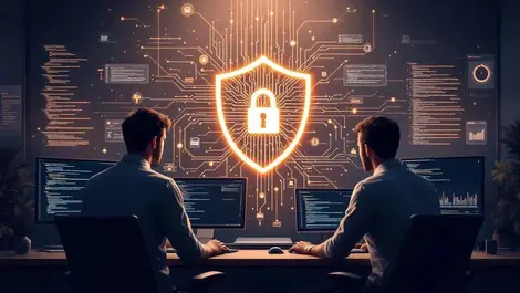 Dev teams merge around glowing circuit shield ai security focus