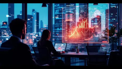 Modern german bank office vigilance glowing data risk control