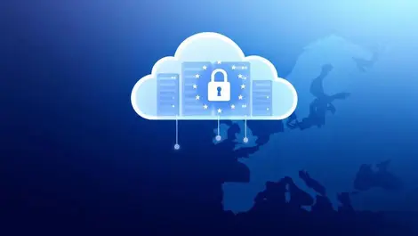 Secure eu cloud data center illustration blue white minimal