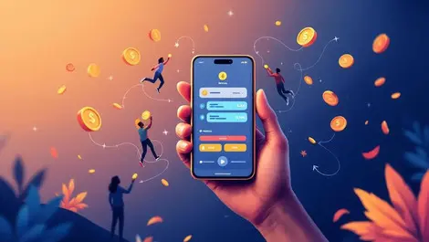 Editorial hand holding smartphone mobile wallet flowing coins payments africa